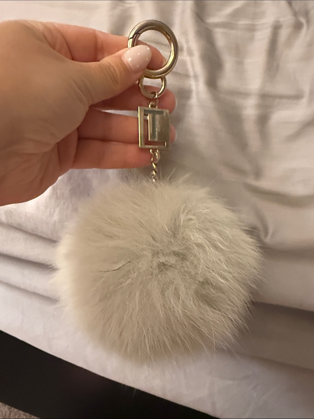 MLight Gray Faux Fur Pom Keychain with Gold Hardware